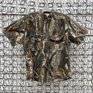 Vintage Woolrich Camo Realtree Hardwood Short Sleeve Button Up Hunting Shirt MED